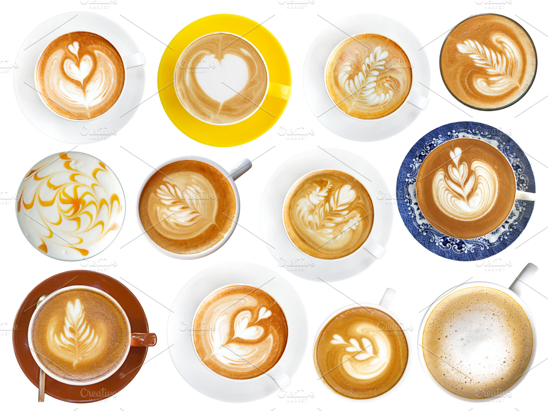 Coffee latte cup assortment isolated, a Food & Drink Photo by BOOCYS