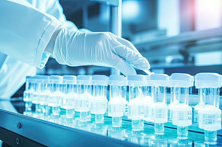 Gloved hand inspecting medical vials, a Photo by SaroStock