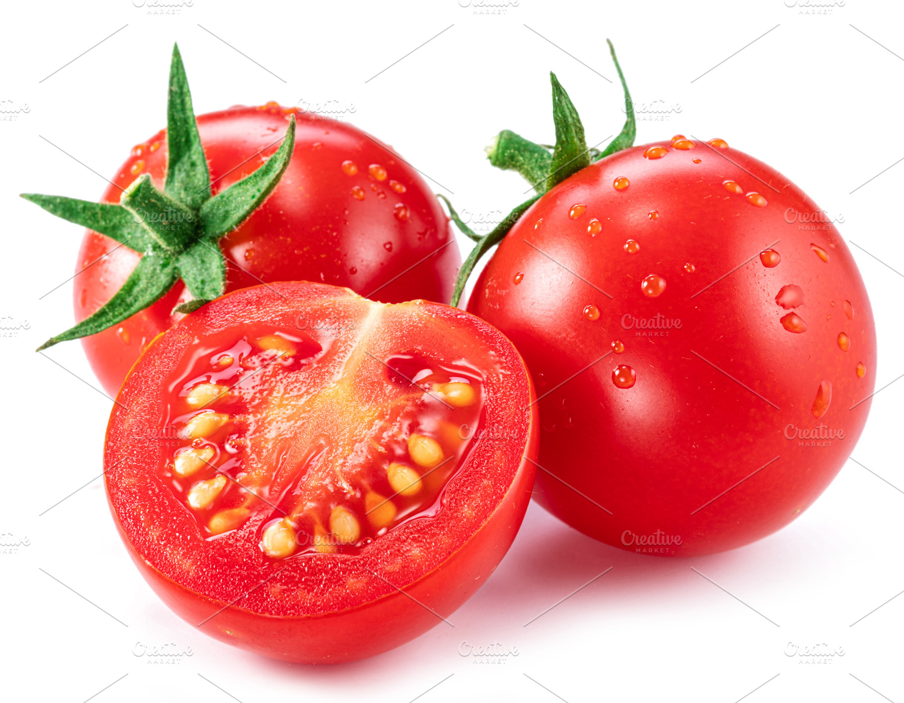 Washed cherry tomatoes with water drops isolated on white backgr, a Food & Drink Photo by Volff
