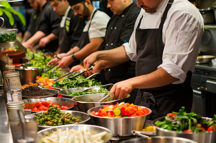 A team of chefs busy preparing gourm, a Photo by Iftikhar Alam