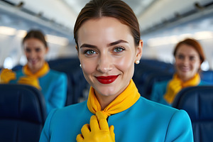 Smiling Flight Attendant in Airplane, a Business Photo by Stock Shape