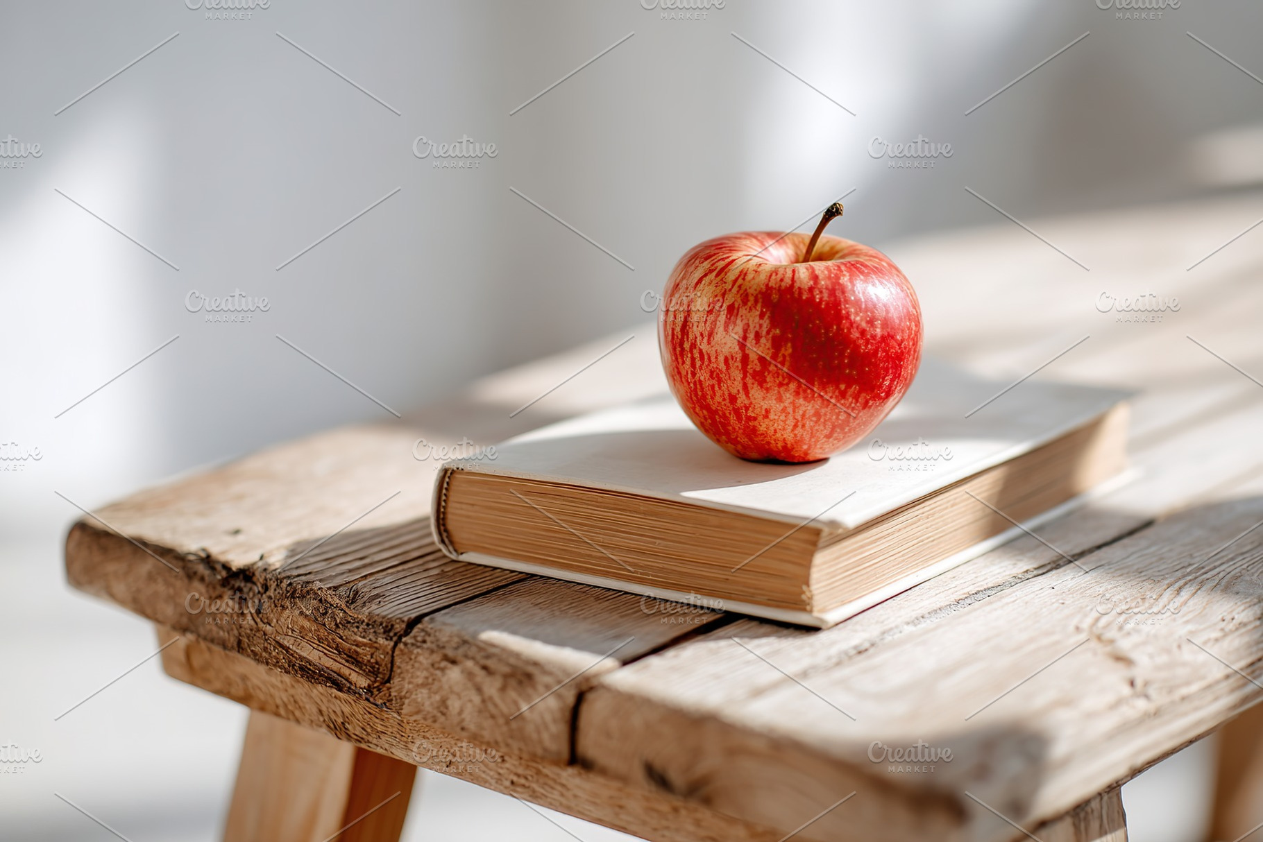 Red apple resting on a closed book on a rustic wooden table in bright light, a Food & Drink Photo by AlyaAnd