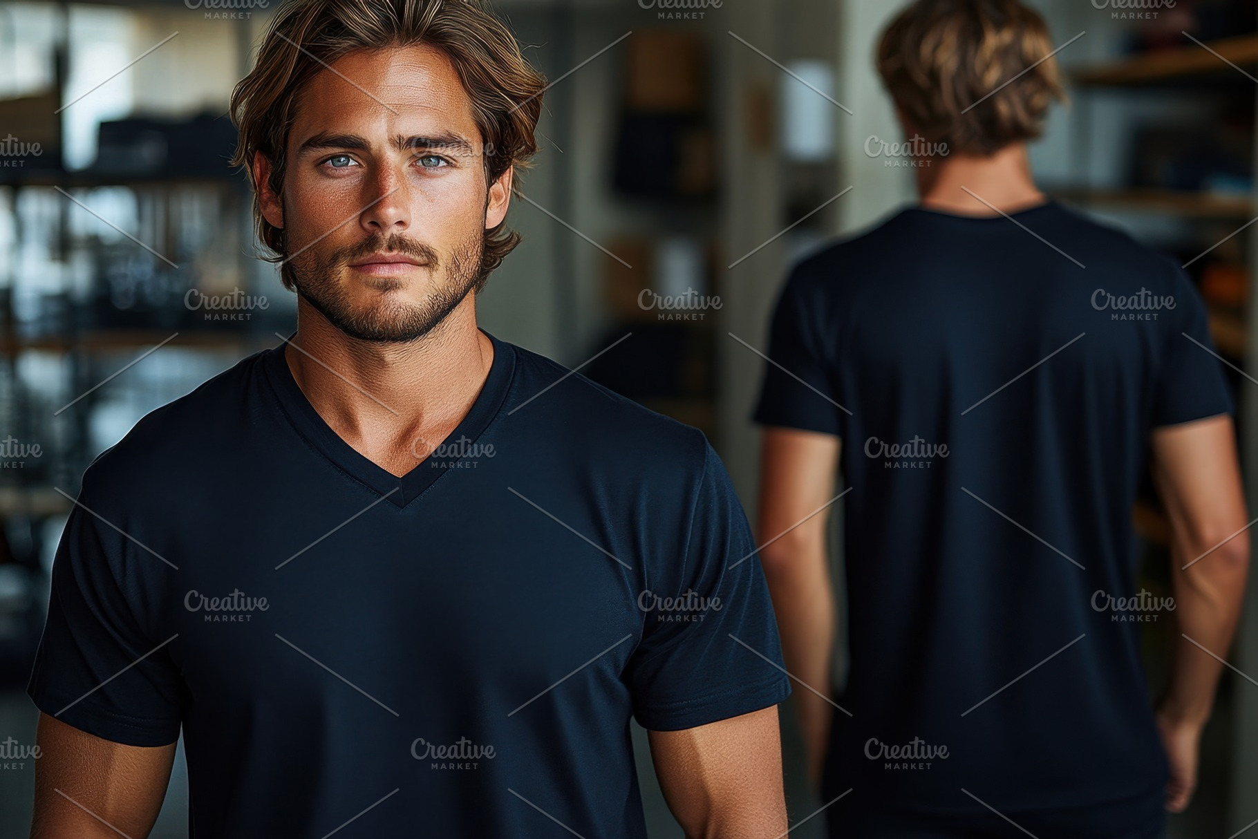 Stylish young man in black v-neck t-, a Photo by Tanuart