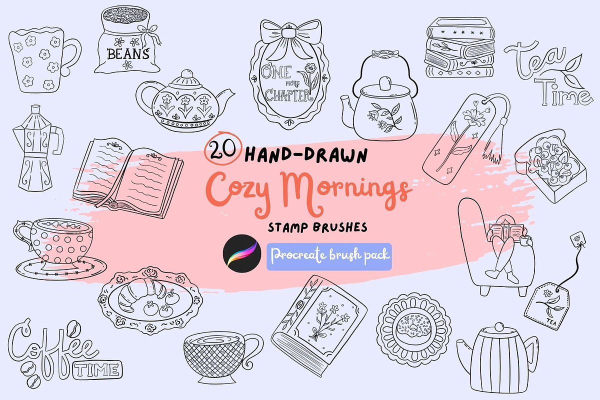 20 Cozy Mornings Procreate Stamps, a Brush Add-On by Deb M Illustrates (Photo 1 of 5)