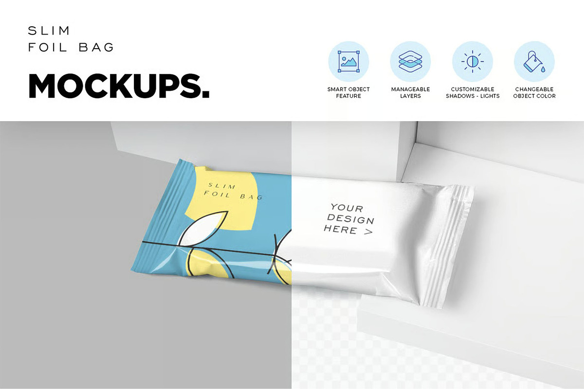Small Slim Foil Bag Mockups, a Packaging Mockup by megostudi0 (Photo 3 of 7)