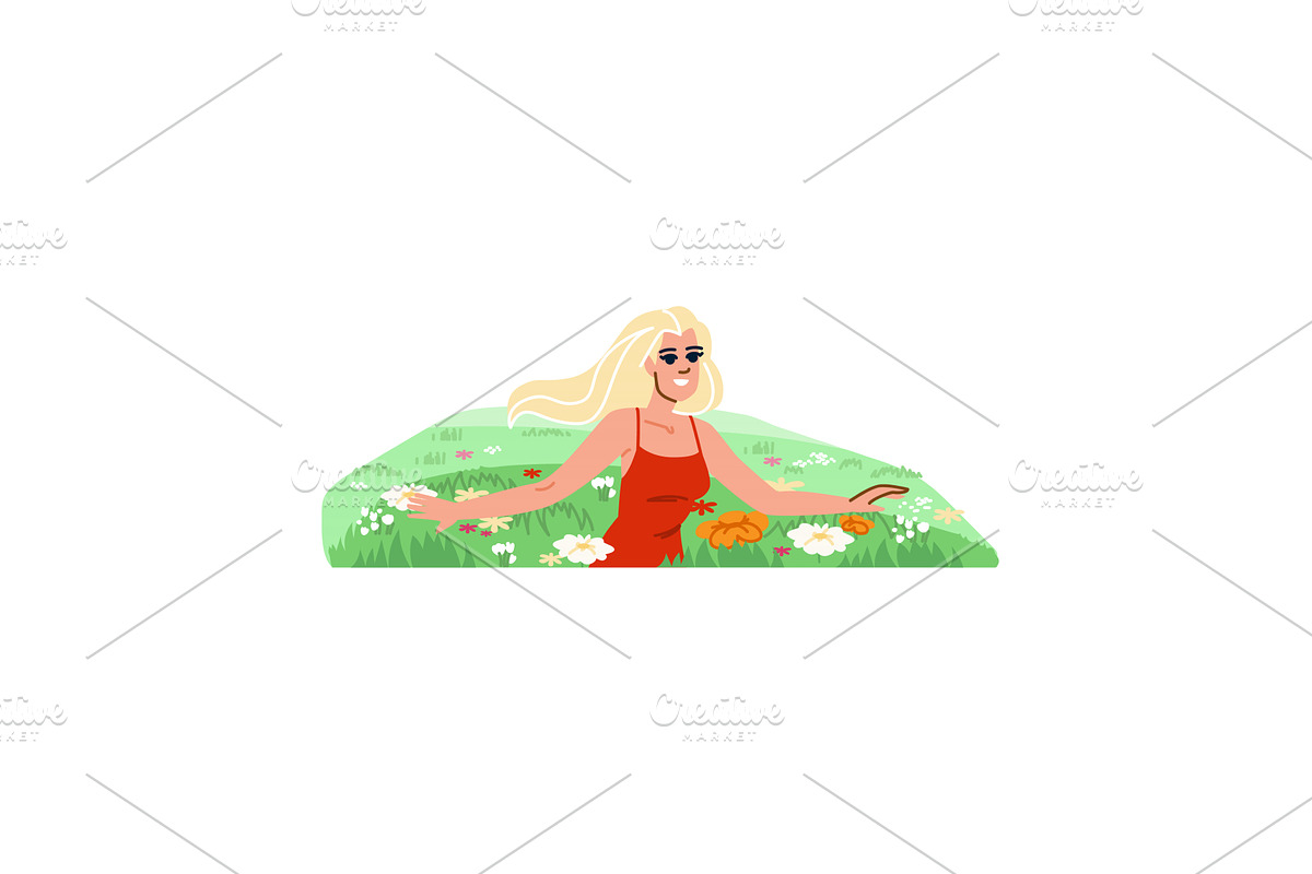 Happy blond woman lying in green, an Illustration by pikepicture