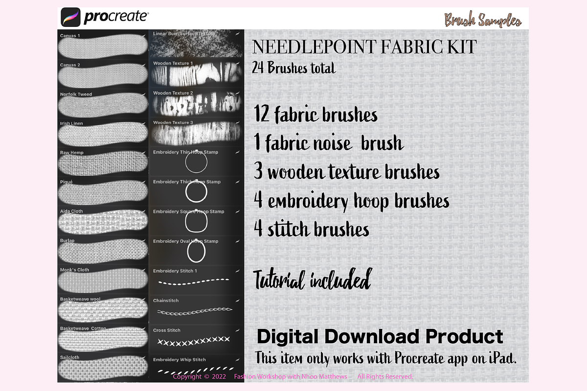 24 NEEDLEPOINT FABRIC KIT Procreate, a Brushes & More by Fashion Workshop Bkk (Photo 3 of 8)