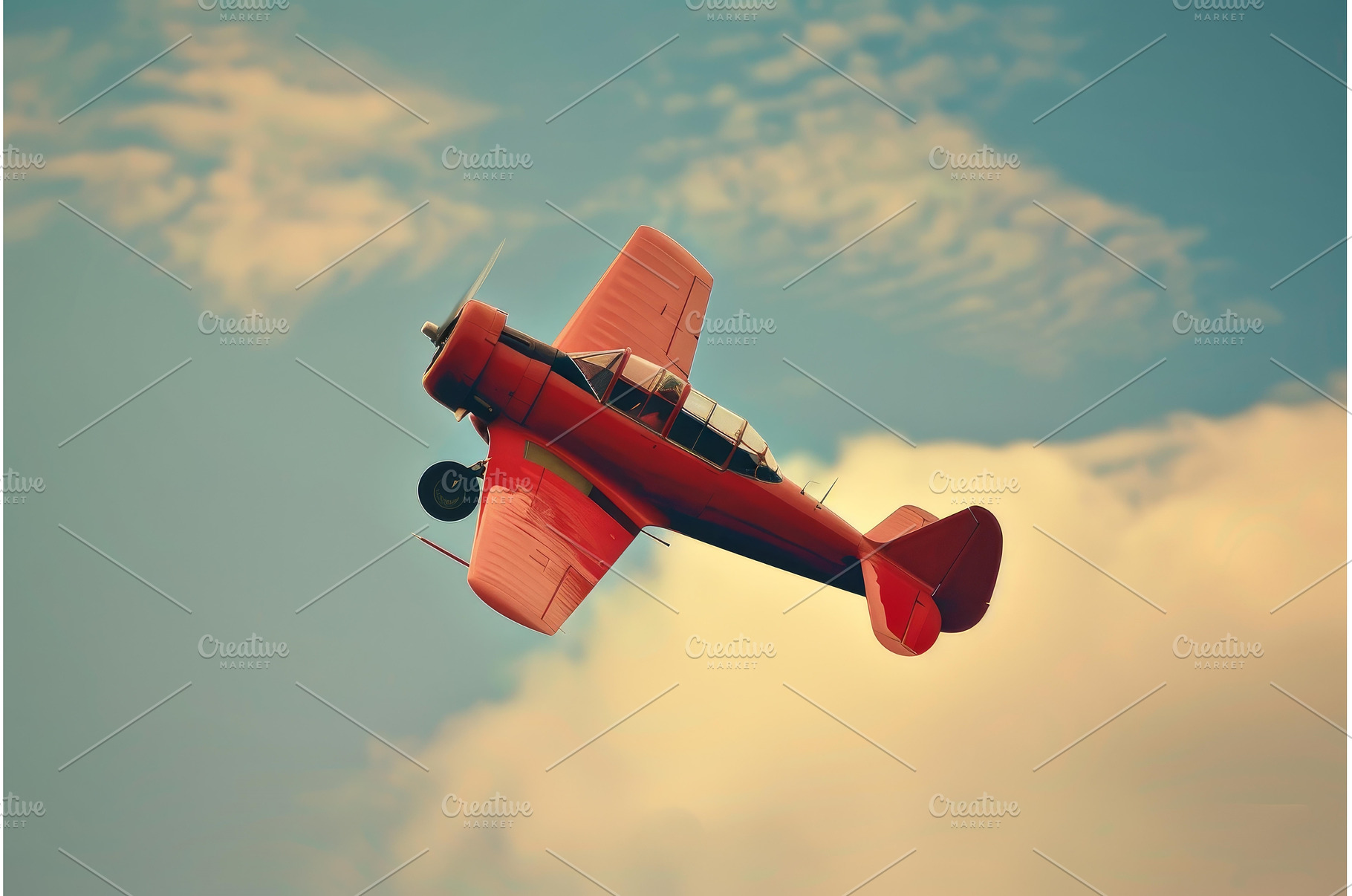 Vintage biplane soaring in golden, a Transportation Photo by Ylivdesign