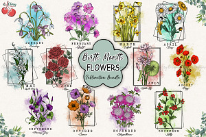 Birth Month Flowers Retro Bundle Png