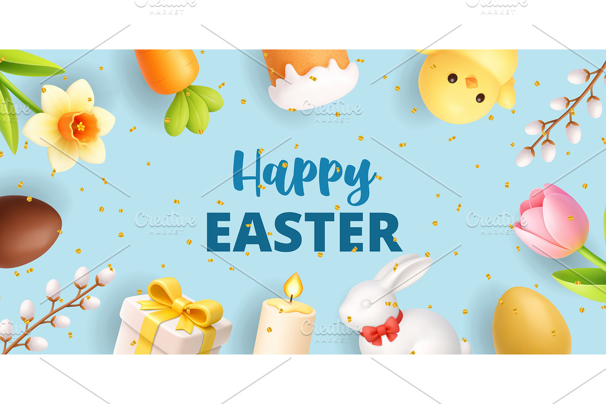 Happy Easter blue banner with, an Object Illustration by GraphiShop