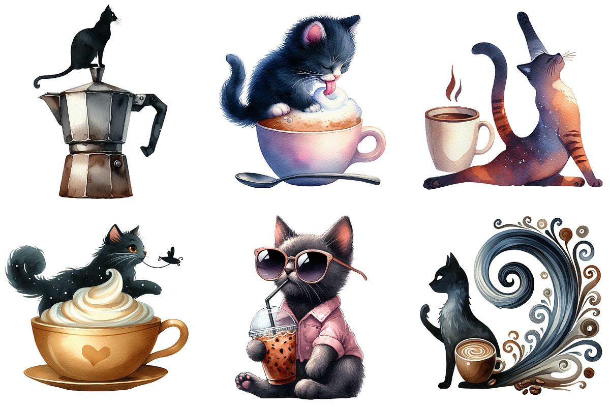 Cat Silhouette Love Coffee Clipart, an Illustration by Pixels.Craft (Photo 6 of 8)