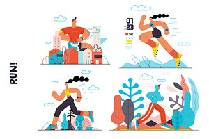 RUN! Flat Vector Illustrations Set