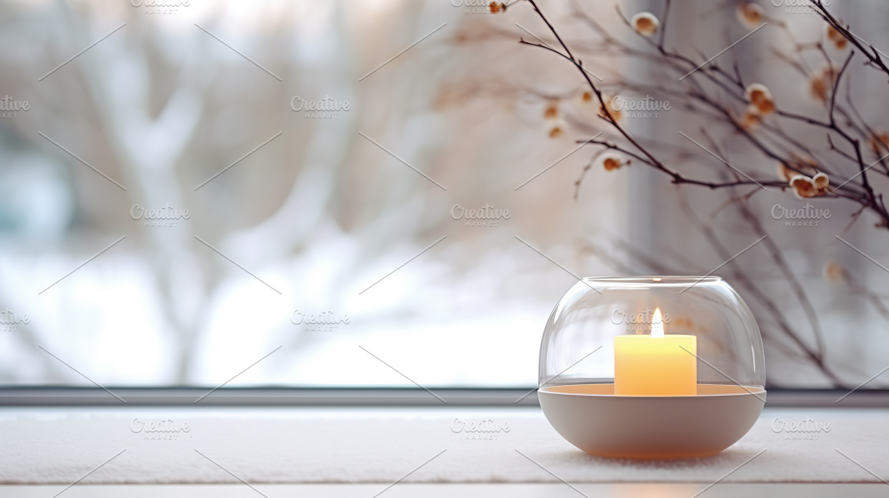 Candle in elegant glass candleholder on a windowsill, with winte, a Holiday Photo by Studio Light & Shade