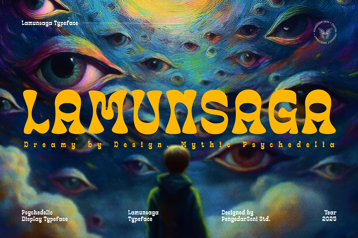Lamunsaga – Psychedelic Typeface, a Sans Serif Font by Pengedar Seni (Photo 2 of 8)