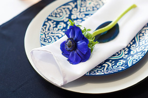 Table setting with blue anemones featuring table, white, and anemone