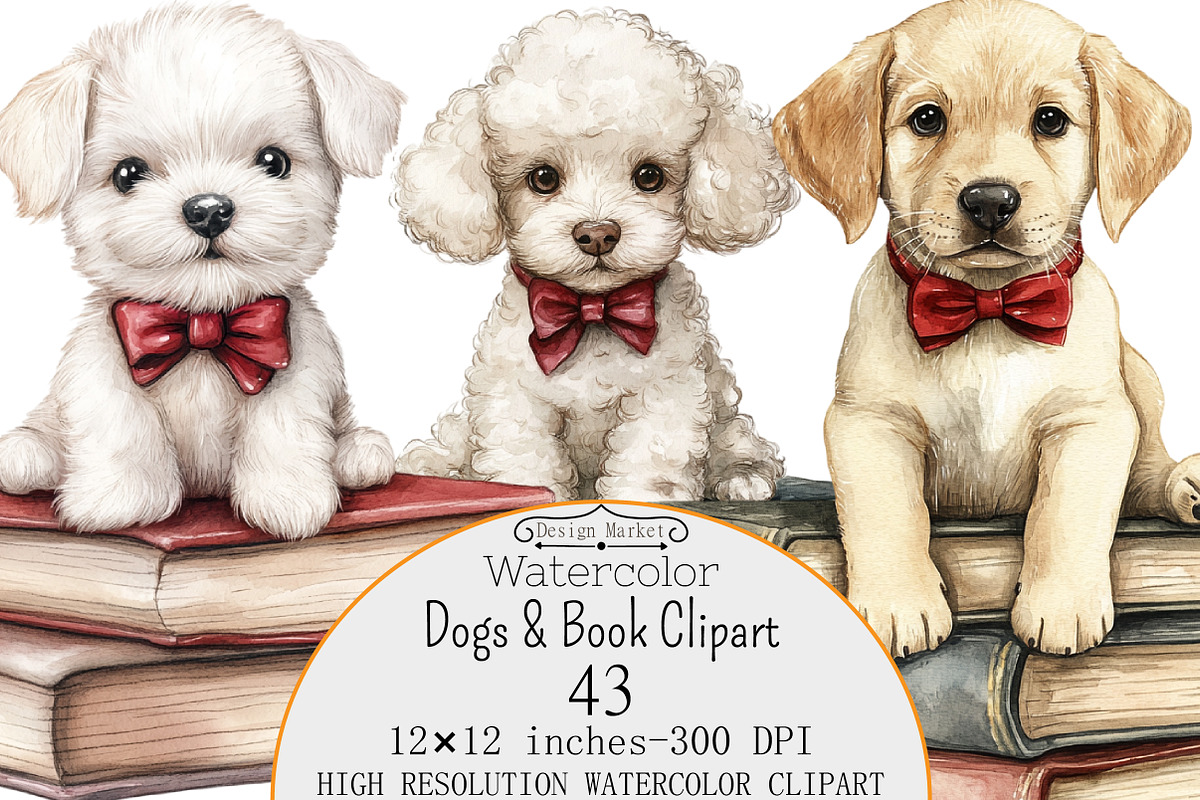Watercolor Dogs & Book Clipart, a Seasonal Illustration by Design Market (Photo 1 of 3)