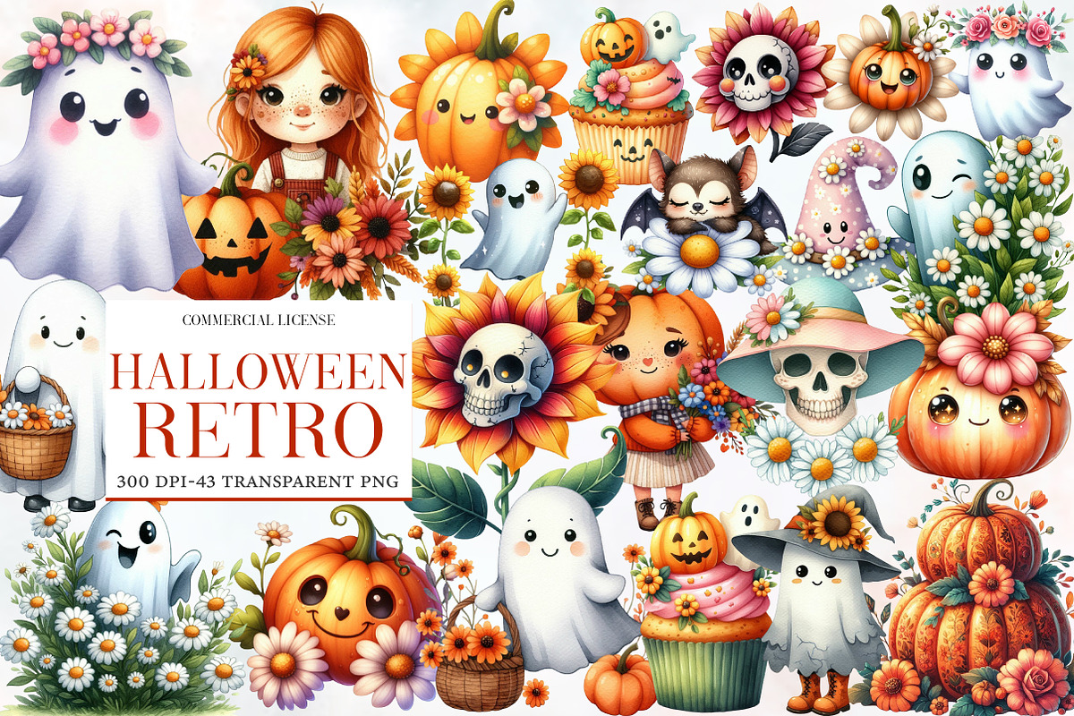 Watercolor Retro Halloween  Clipart, an Illustration by Designworld (Photo 1 of 6)