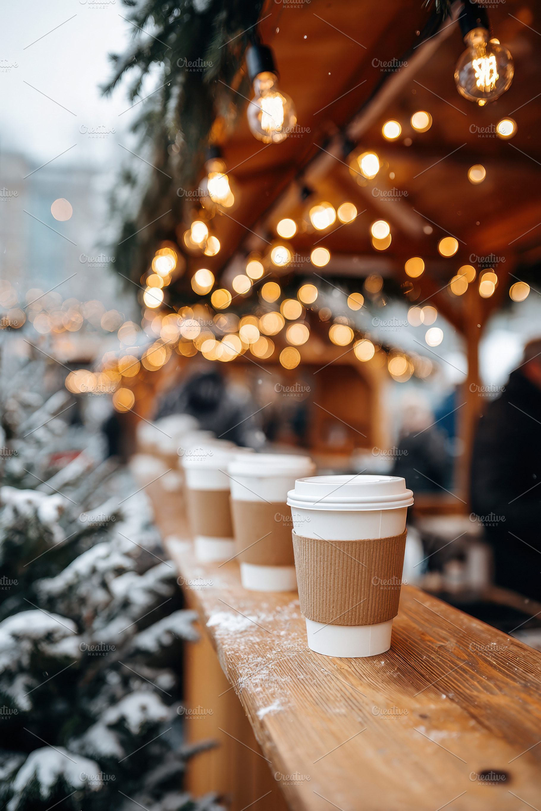 Cozy outdoor coffee scene with festive lights, a Food & Drink Photo by AlyaAnd