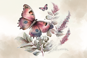 Pink Butterfly Botanical Watercolor