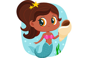 Little Afro American Mermaid Girl, an Illustration by HitToon