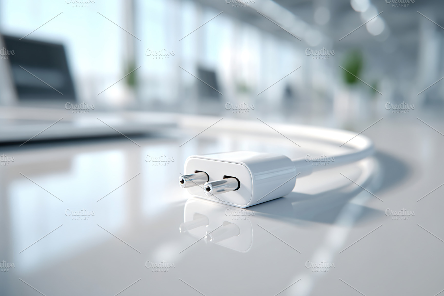 Modern workspace featuring a single electrical plug on a sleek surface in brigh, a Photo by AlyaAnd
