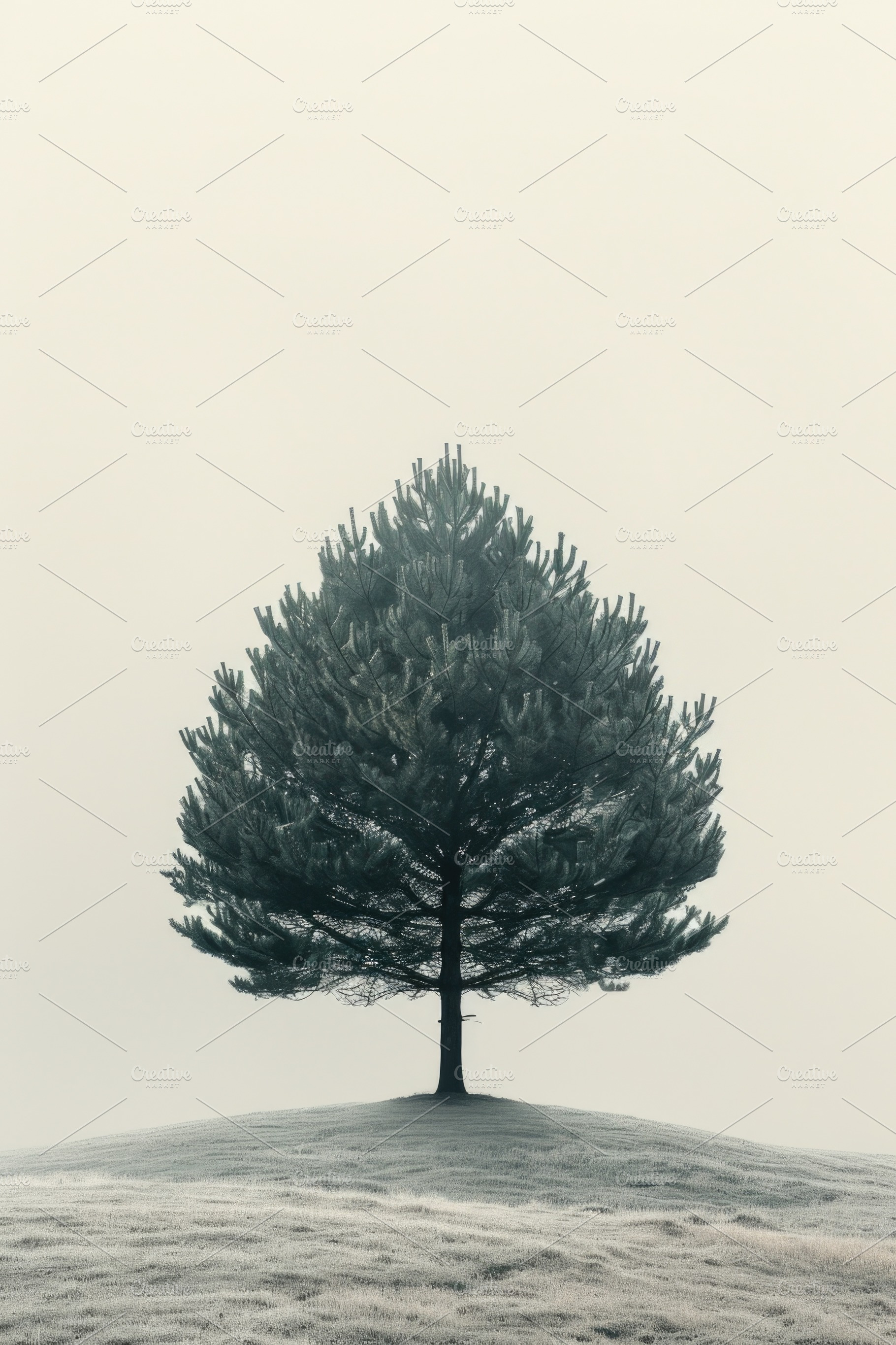 Single pine tree on frosty hill in soft neutral tones, minimalis, an Abstract Photo by José Manuel Gelpi