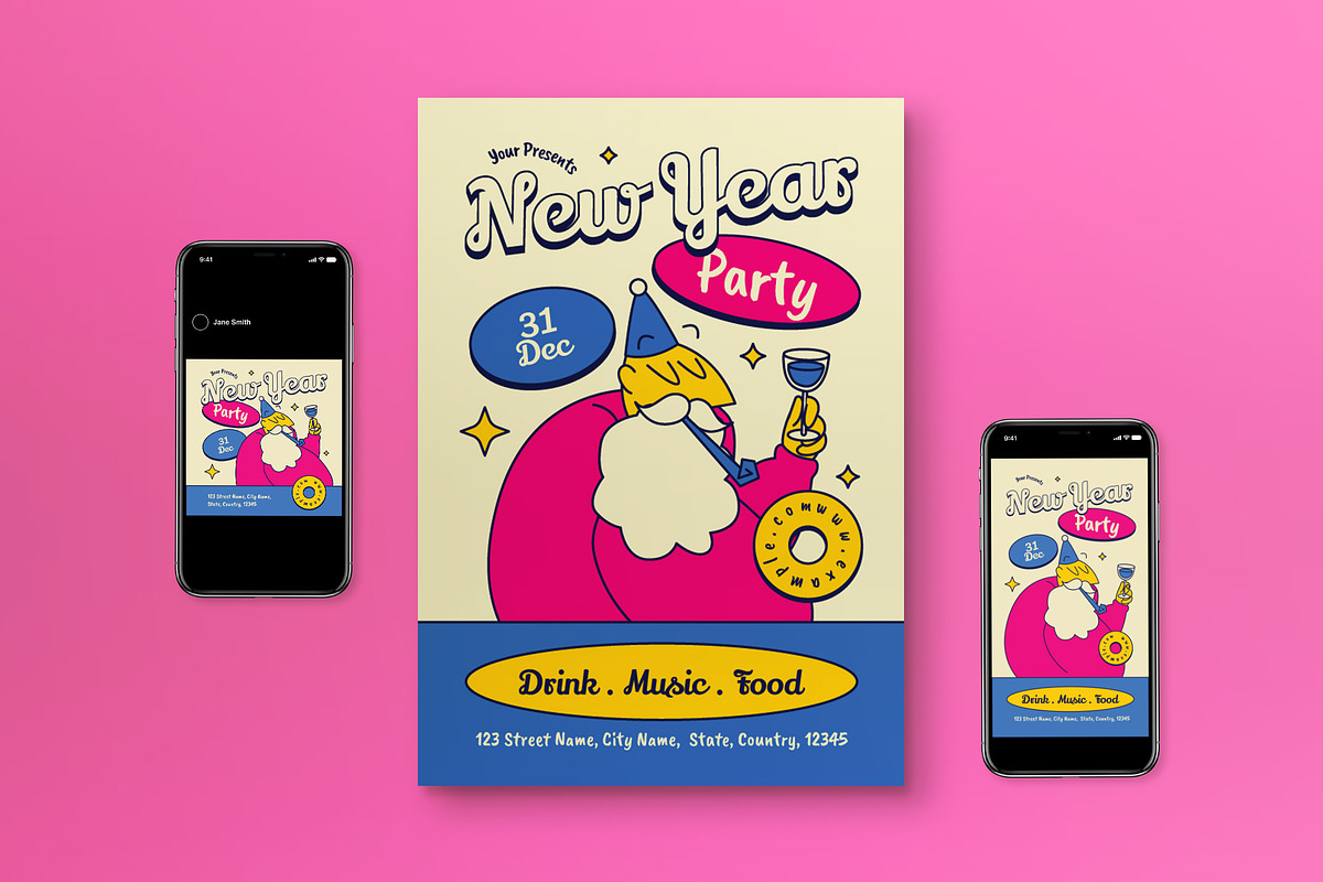 Pink Quirky New Year Party Flyer Set, a Flyer Template by graphicook (Photo 3 of 3)