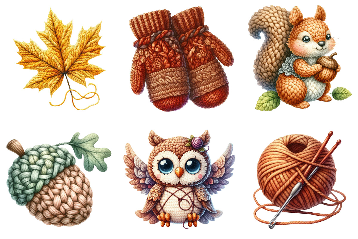 Watercolor Crochet Autumn Clipart, an Illustration by Watercolor design (Photo 3 of 4)