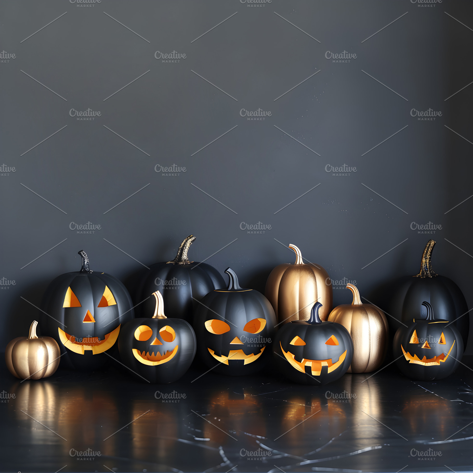 Elegant Halloween Black and Gold Pumpkin Display Setup, an Architecture Photo by Photostock