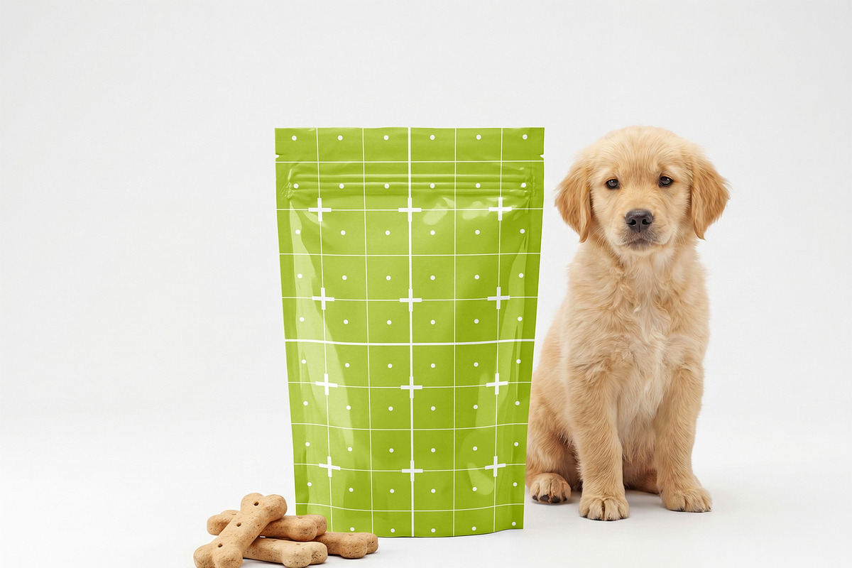 Dog Treat Pouch Mockup with Puppy, an Advertising Mockup by OneVectorStock (Photo 2 of 2)