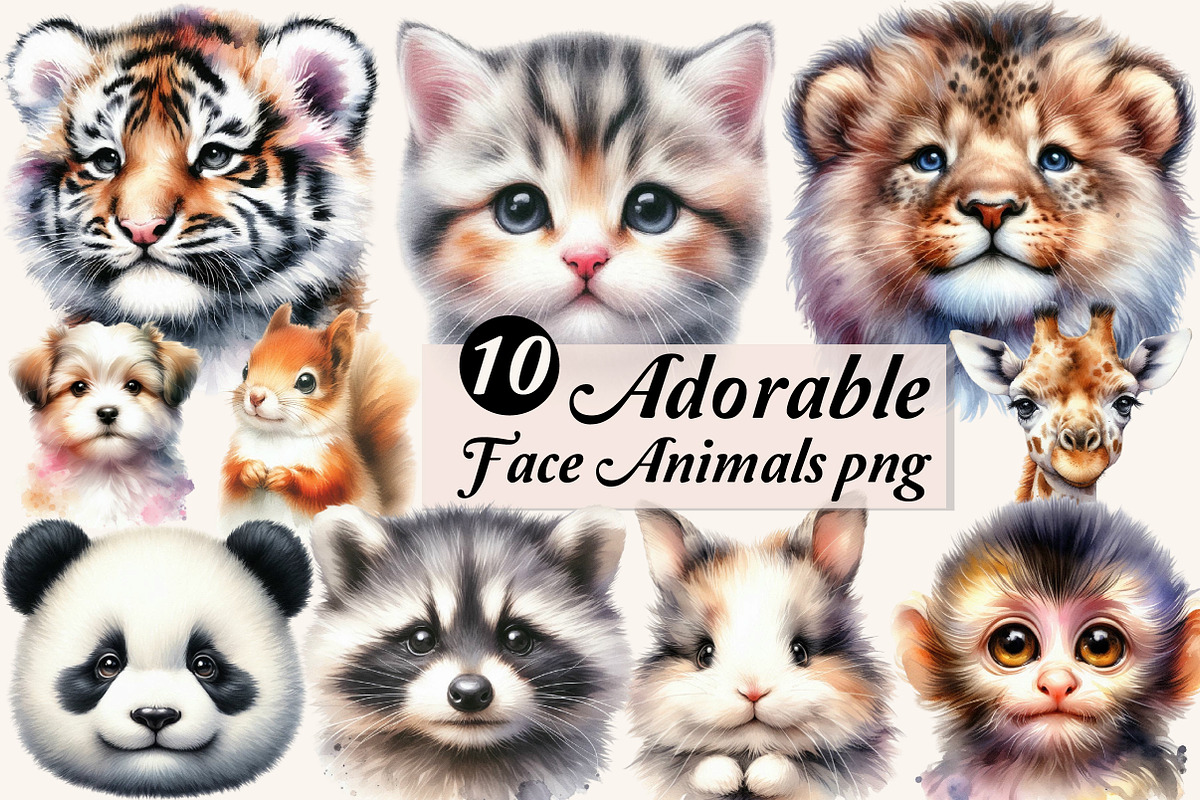 Adorable Face Animals Clipart PNG, an Illustration by Designworld