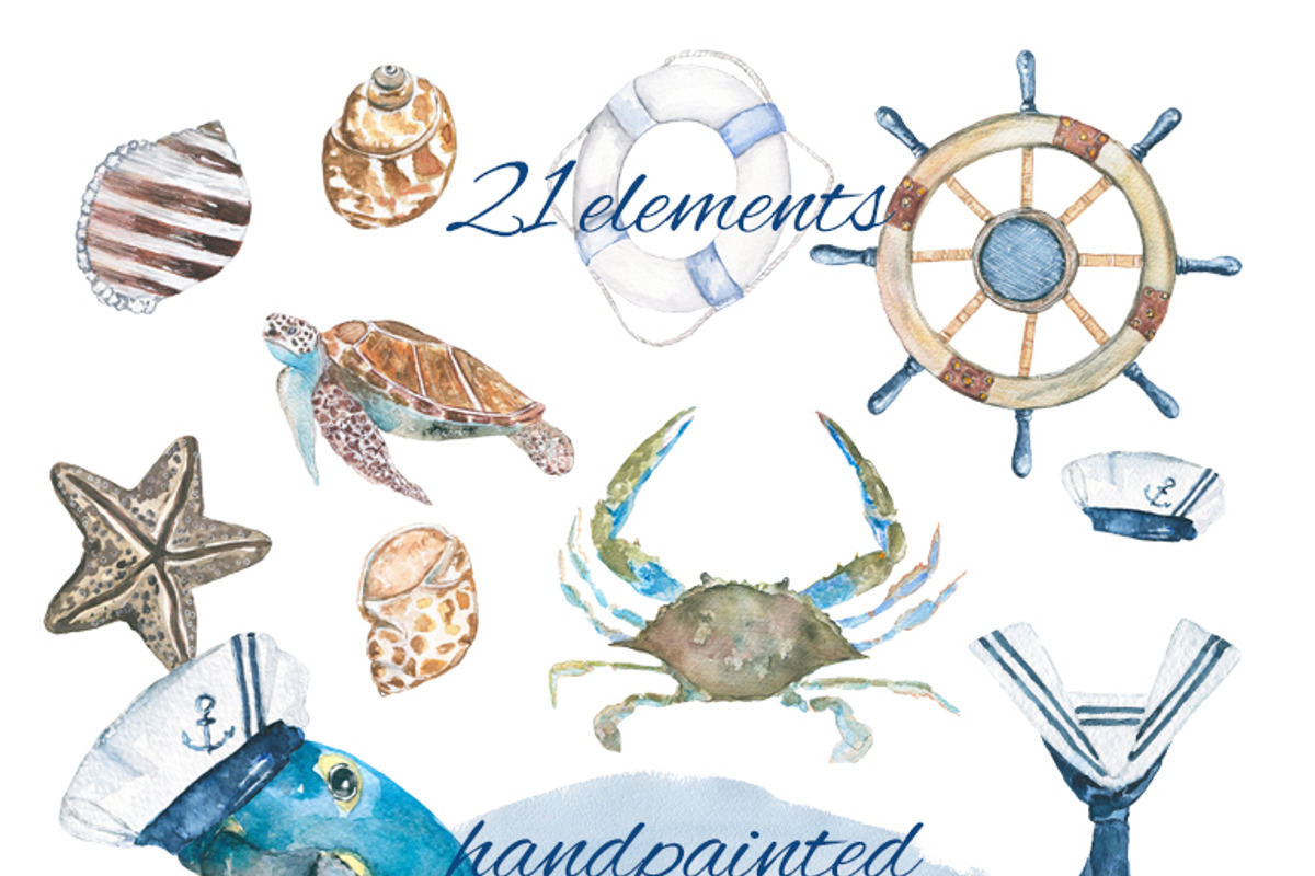Sea set  watercolor, an Animal Illustration by JuliaFast (Photo 3 of 4)