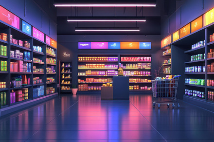 Illuminated aisles of a futuristic g, a Background Photo by Pixeness