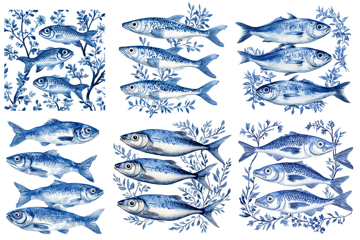Blue Toile Sardines PNG, an Illustration by SinaCreation (Photo 2 of 5)