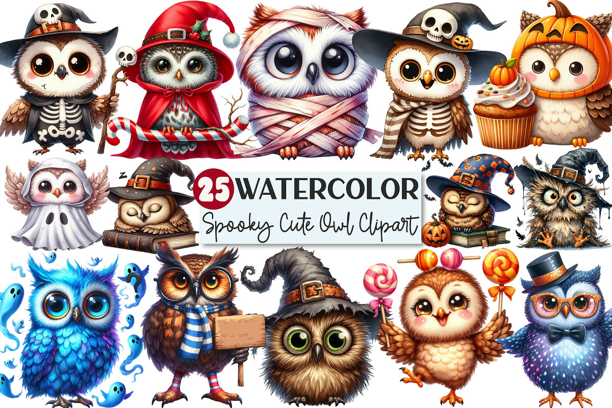Halloween Spooky Cute Owl Clipart, an Illustration by Rose Art (Photo 1 of 7)