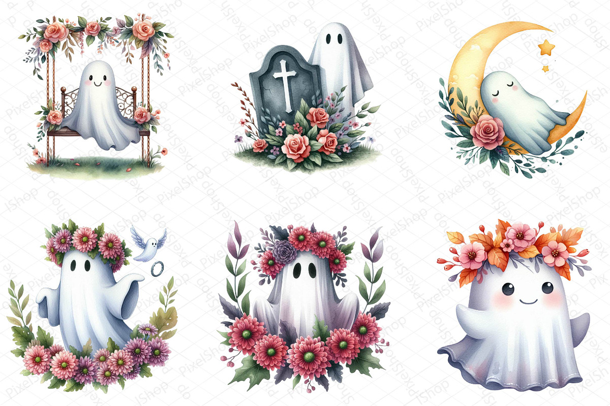 Halloween Floral Ghost Clipart, an Illustration by DreamPrint404 (Photo 2 of 7)