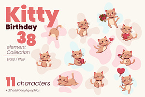 Kitty Birthday collection, an Animal Illustration by moja doodle