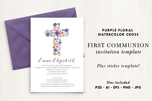 Watercolor Purple Flower Cross