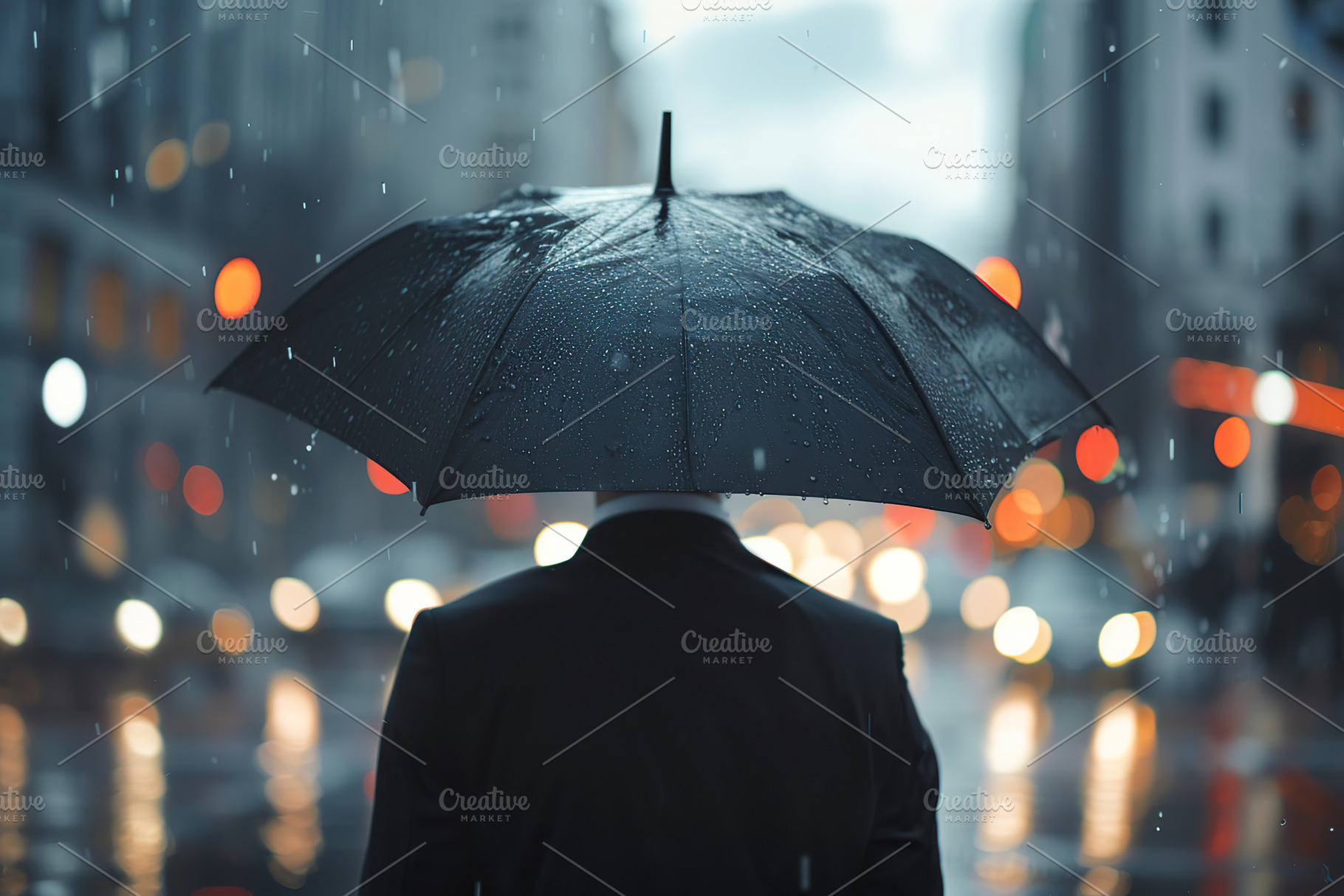 Businessman with black umbrella walking in the rain, a Business Photo by AlyaAnd