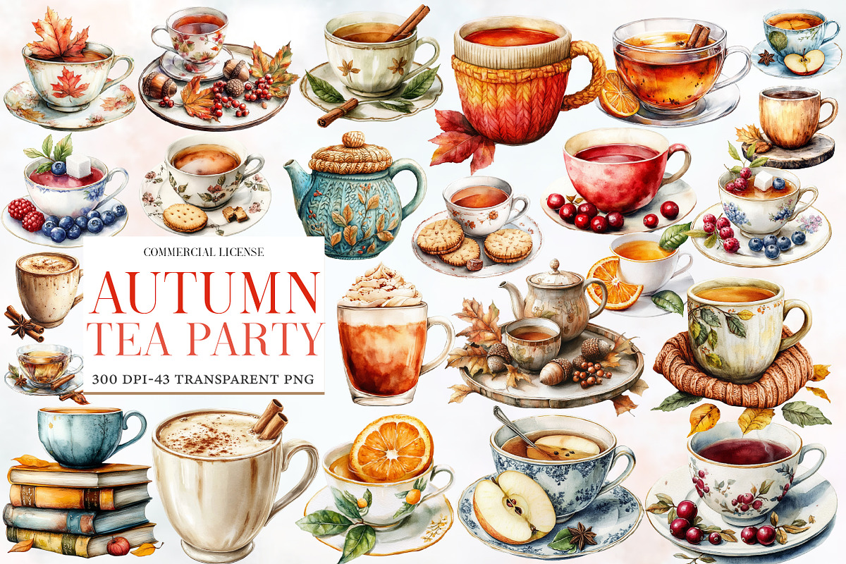 Watercolor Autumn Tea Party Clipart, an Illustration by Designworld (Photo 1 of 6)