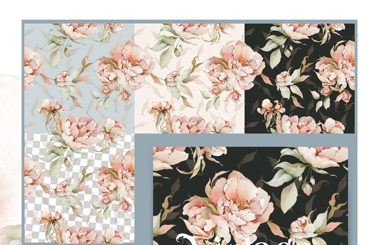 Watercolor peony roses pattern set, a Decorative Illustration by Edith’s World (Photo 4 of 13)