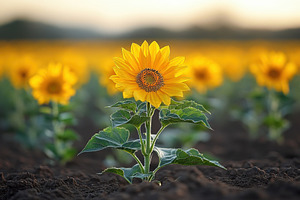 Sunflower blooming in a vibrant fiel, a Photo by Tanuart