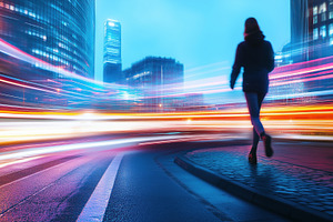 A person walking on a city street at dusk, with vibrant light trails from passi, a Person Photo by Textures & Backgrounds