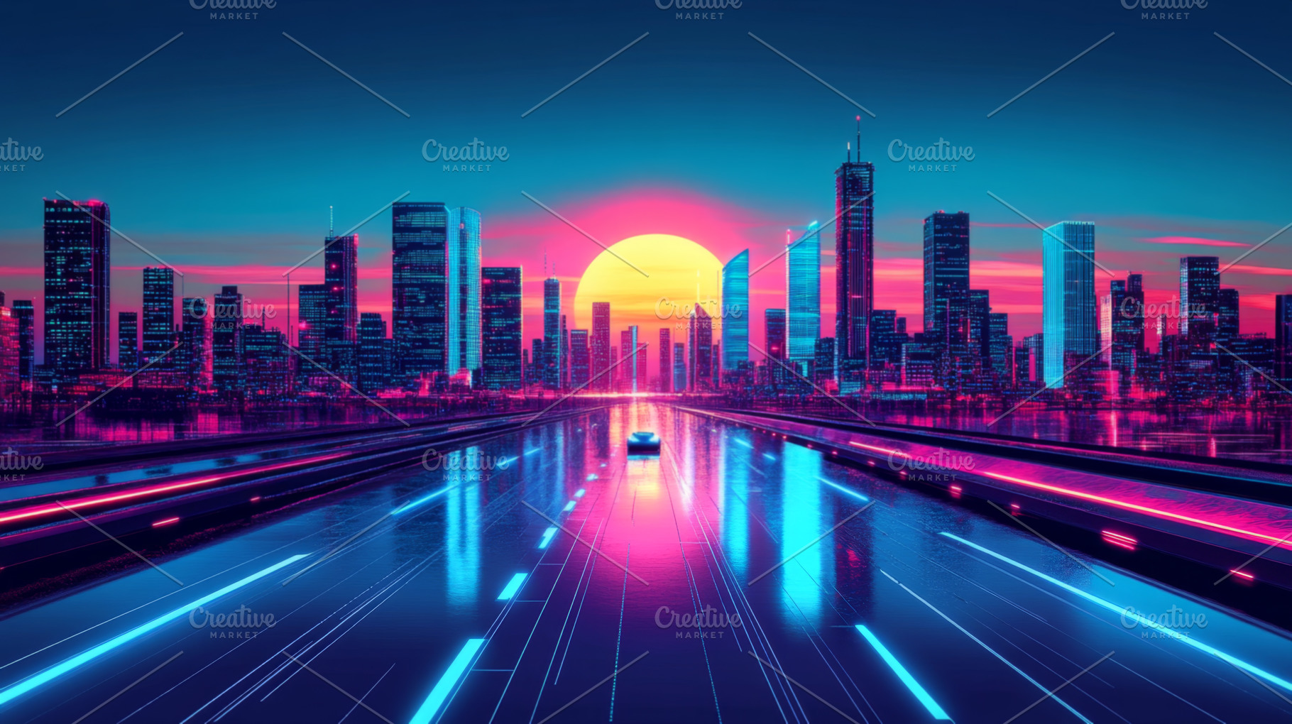 Futuristic City Skyline at Sunset with a Reflective Highway, an Abstract Photo by Natalia Klenova's Shop