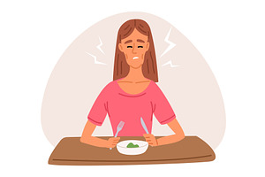 Sad thin woman refuses to eat, a Food Illustration by Vectorbuum