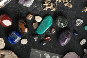 Mystical Flat Lay of Sage, Crystals, and Dried Herbs on Dark Sur, an Arts & Entertainment Photo by Natalia Klenova's Shop