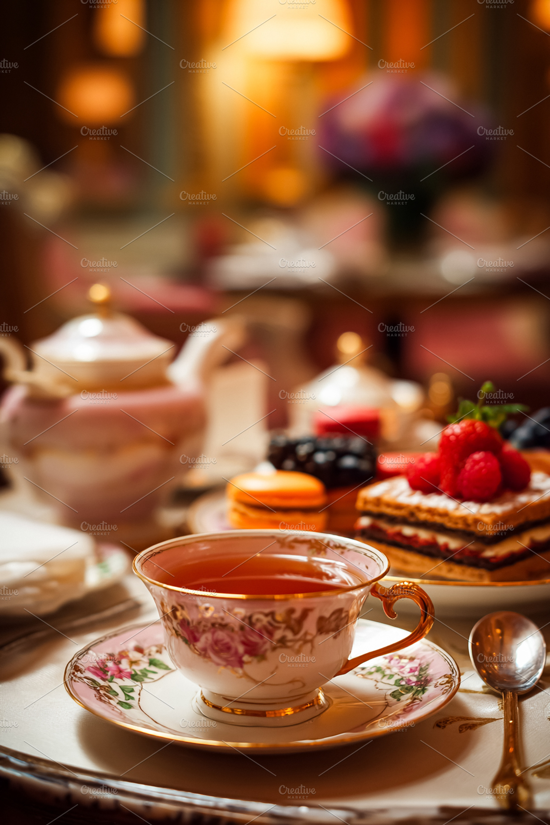 Afternoon tea service with gourmet pastries, macarons, and hot t, a Food & Drink Photo by Studio ANNA