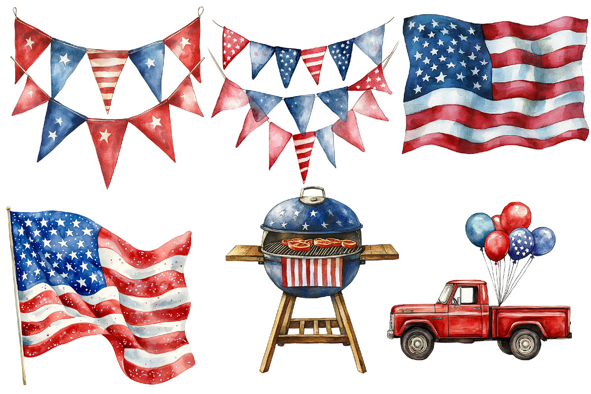 Hello 4th of July Watercolor Clipart, an Illustration by Designworld (Photo 6 of 7)