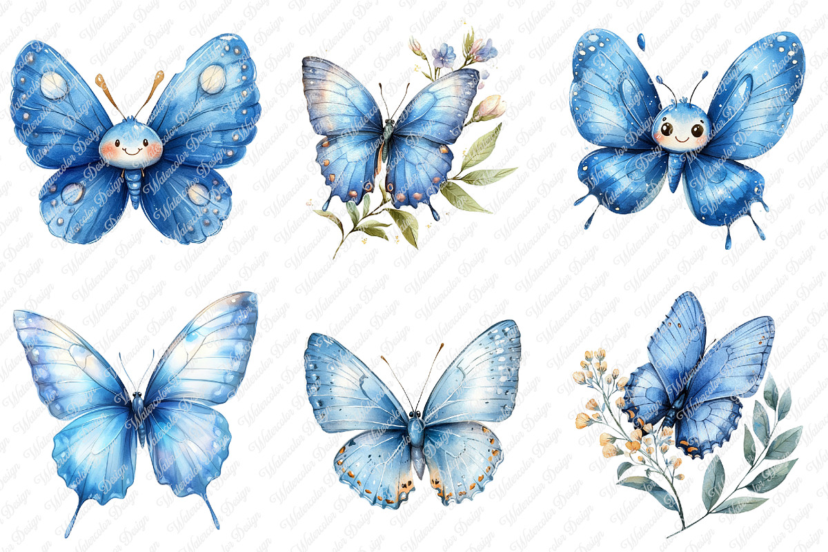 Watercolor Blue Butterflies Cliupart, an Illustration by Watercolor design (Photo 3 of 12)