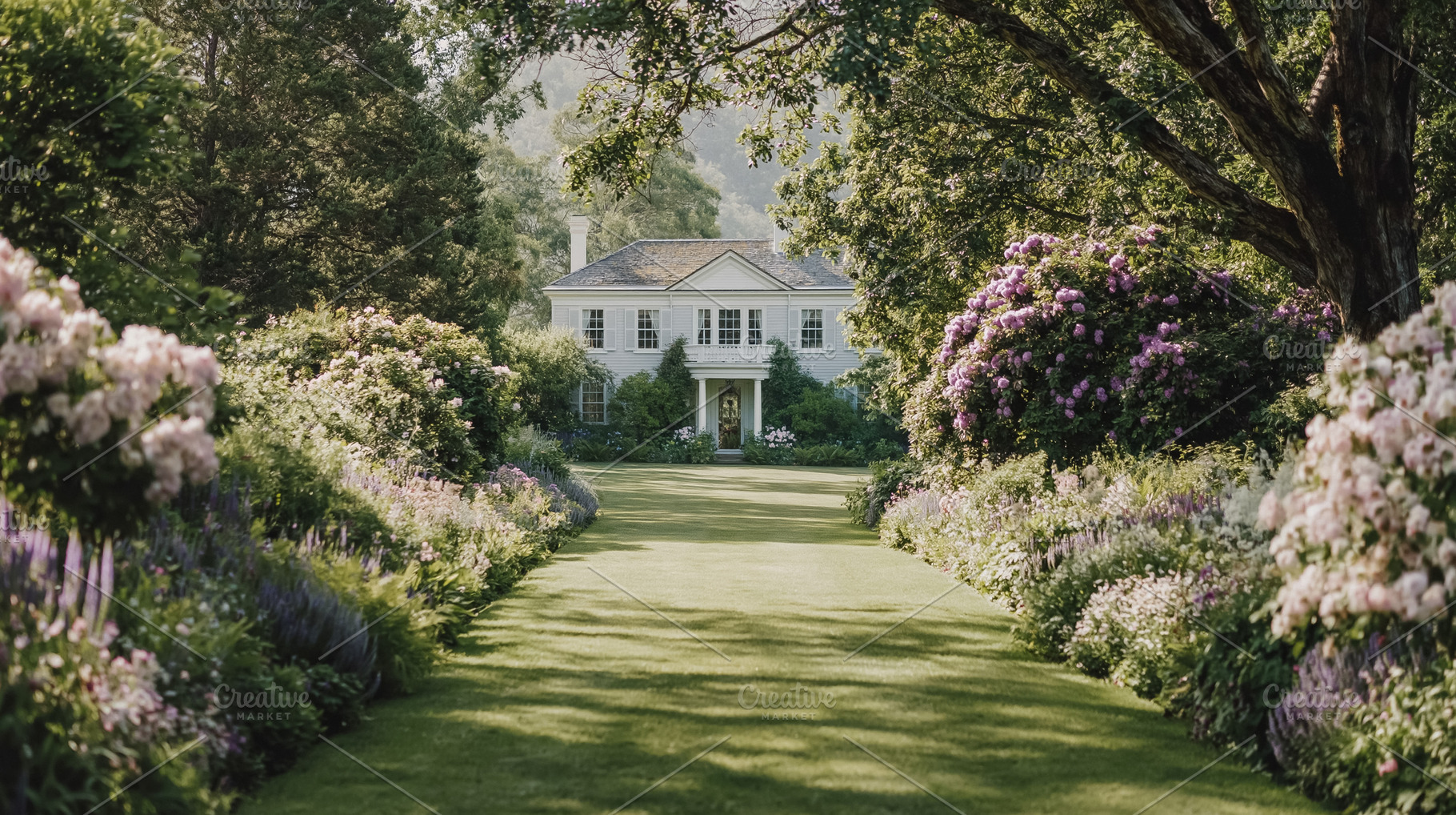 Elegant house front with a lush green lawn and flowering garden pathway leading, a Photo by Studio ANNA